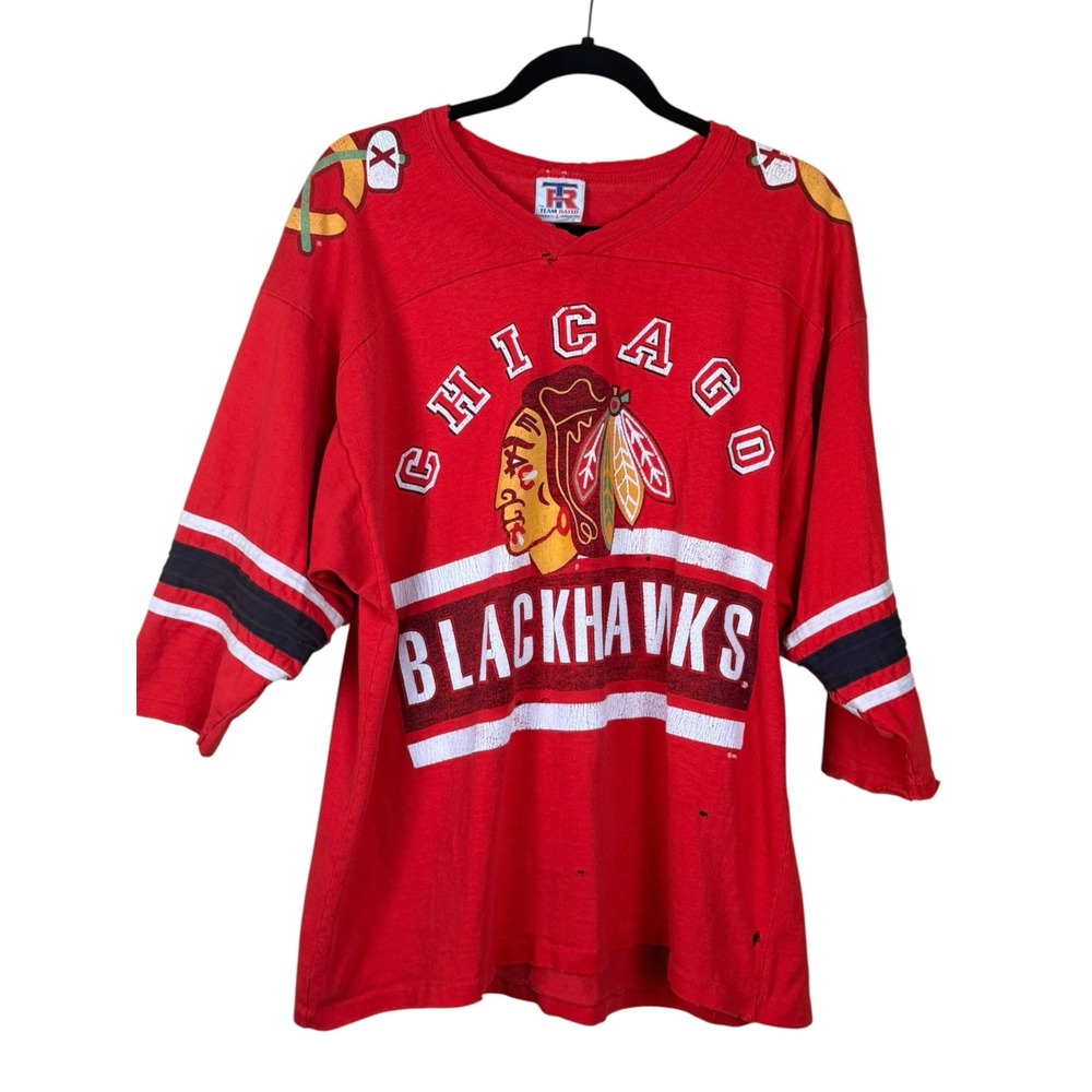 VTG Team Rated Blackhawks Hockey Jersey T-Shirt Men's Large Red Thrashed NHL